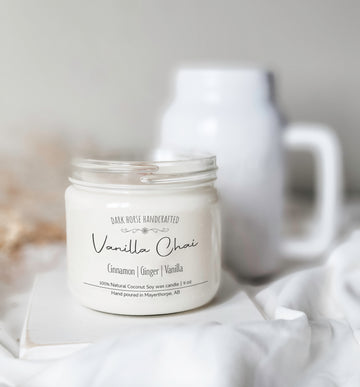 vanilla chai scented coconut soy candle with wood wick